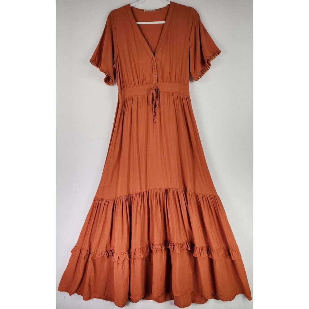 R Vivimos Dress Womens Large Orange V Neck 1/4 Button Tiered Short Sleeve Maxi